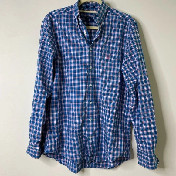 GANT Dogleg Poplin Blue/Pink Checked Shirt Medium - Picture 1 of 6